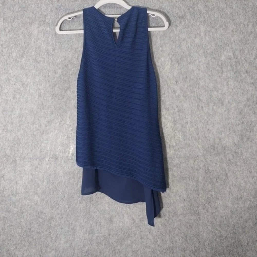 White House Black Market Top S Blue Asymmetric Mix Media Knit Chiffon Sleeveless